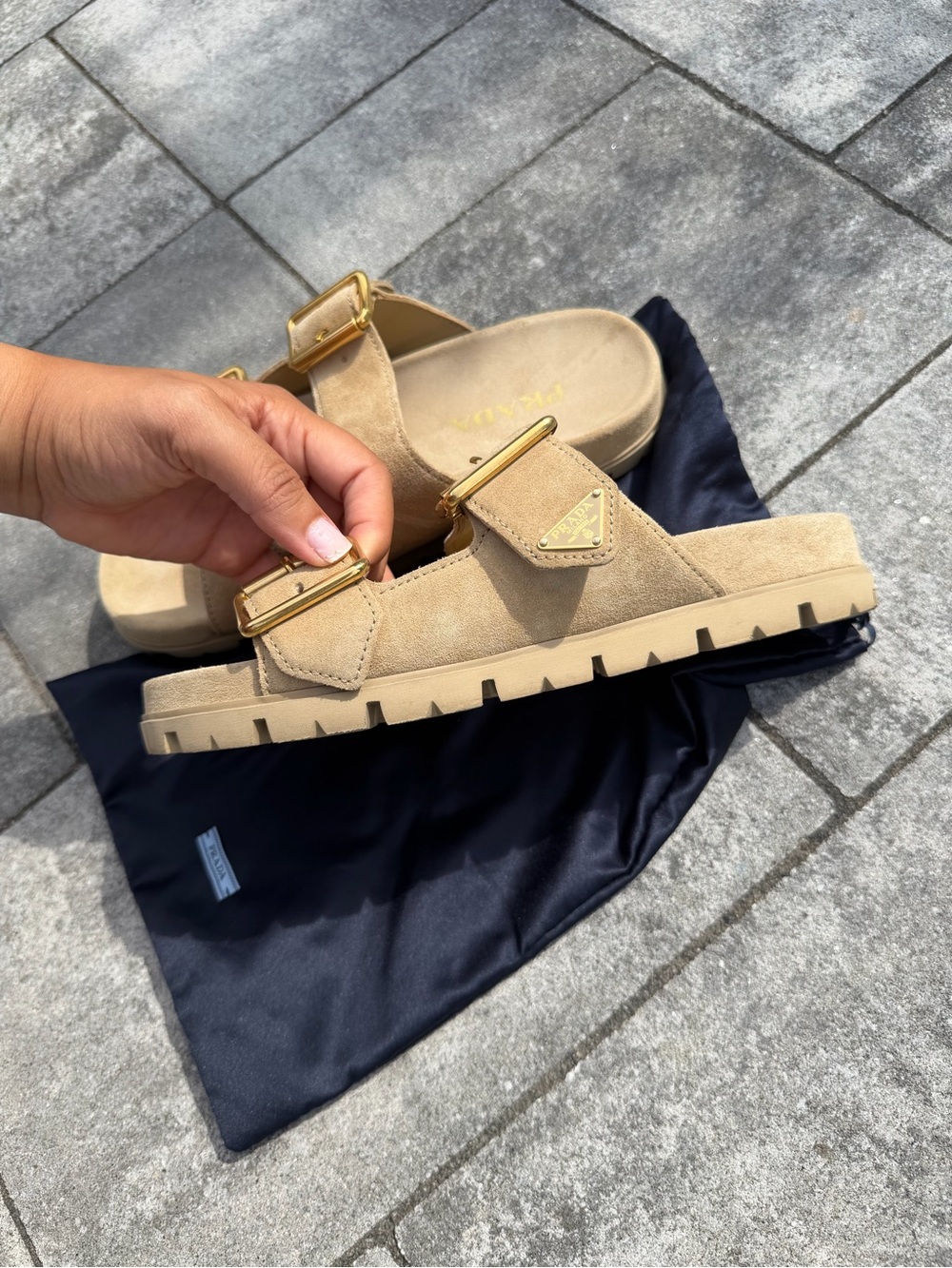 Prada women’s tan Suede Double-Buckle Slide Sandals with Gold Buckles - Picture 10 of 10
